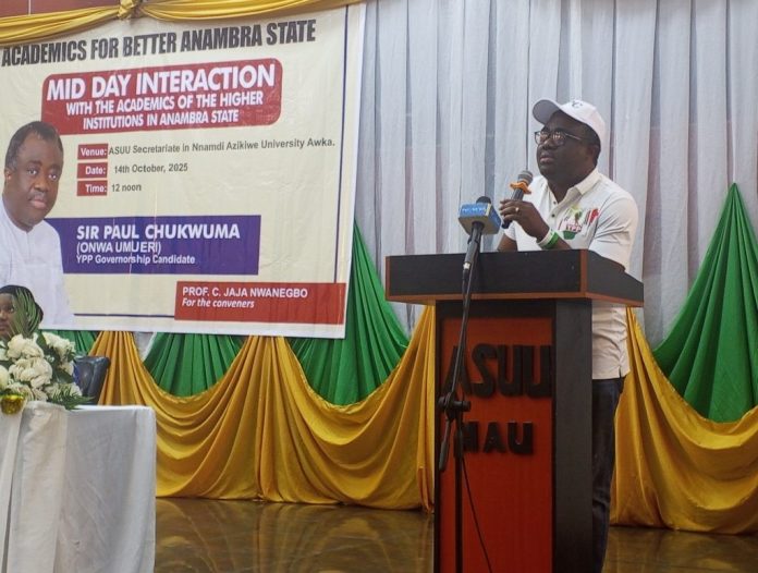 Sir Paul Chukwuma, Guber Candidate of YPP, addressing the university community at Unizik, Awka, 14 Oct 2025.